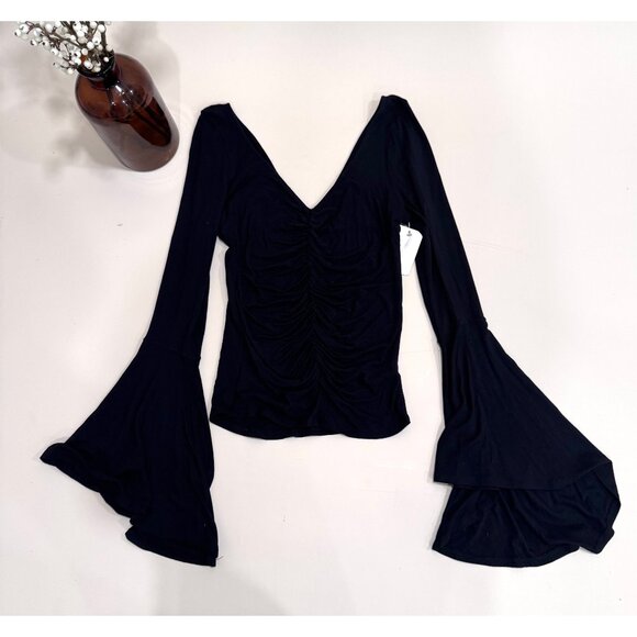 Free People Black Flowy Center Stage Ruched Boho Goth Long Sleeve Shirt Womens S - Picture 1 of 3